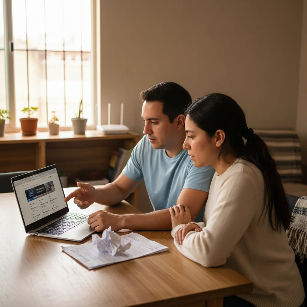 Personas comparando opciones de routers y planes de internet en una laptop